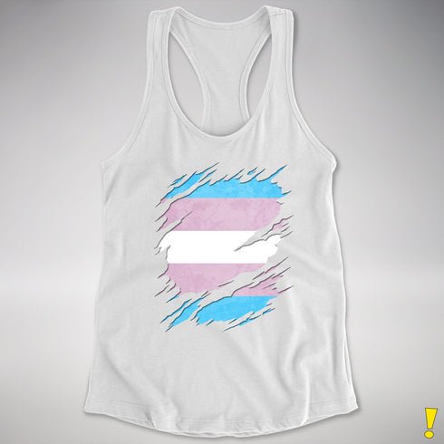 Transgender Pride Flag Ripped Reveal Racerback Tank - White